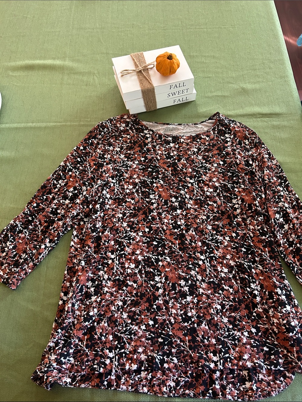 Preswick & Moore Black Floral Long Sleeve Knit Top with Rust & White Accents